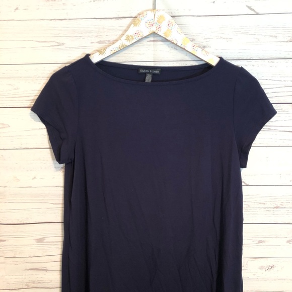 Eileen Fisher boat neck Navy Tunic short sleeve - Picture 3 of 7
